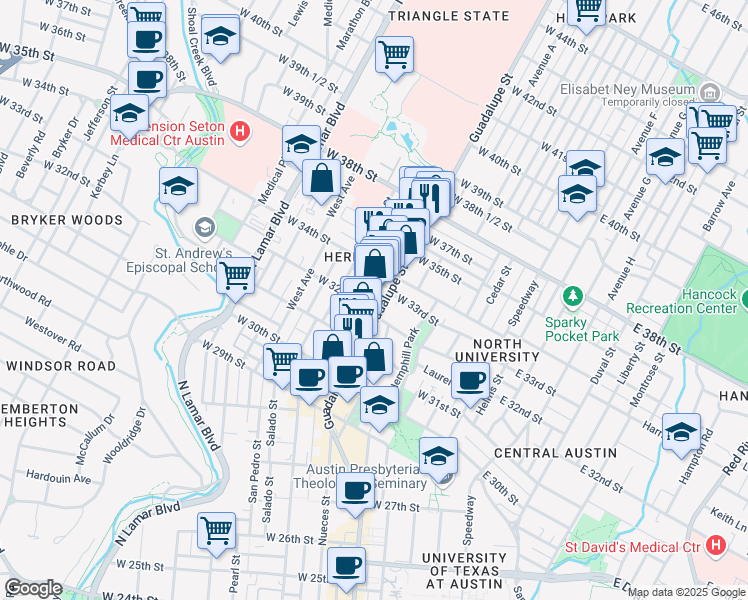 map of restaurants, bars, coffee shops, grocery stores, and more near 3200 Guadalupe Street in Austin