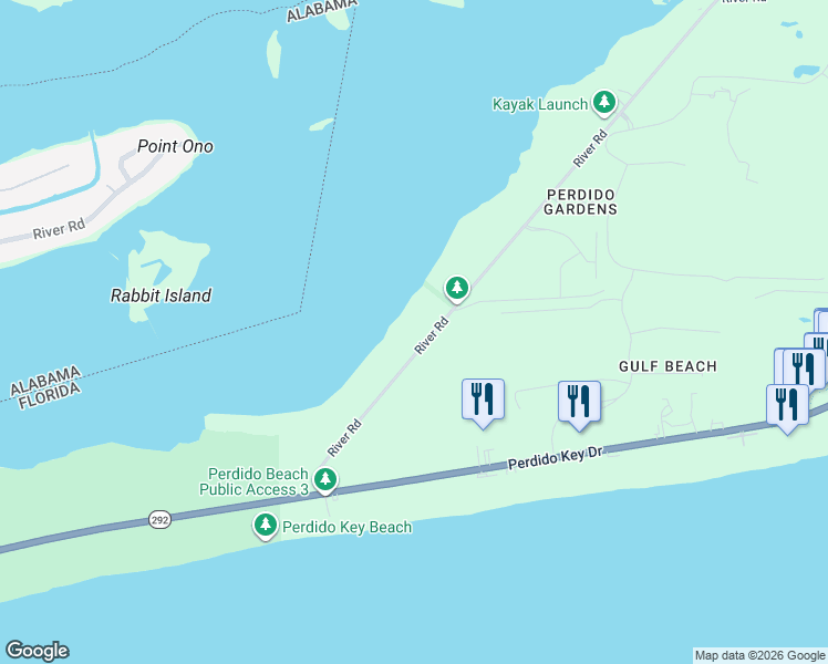 map of restaurants, bars, coffee shops, grocery stores, and more near 14508 River Road in Pensacola