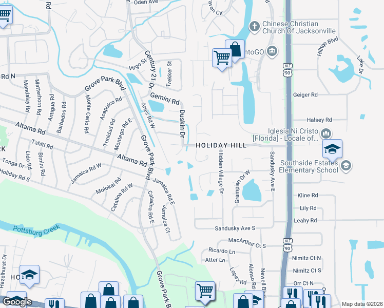 map of restaurants, bars, coffee shops, grocery stores, and more near 2502 Townsquare Drive in Jacksonville