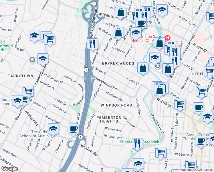 map of restaurants, bars, coffee shops, grocery stores, and more near 1609 Northwood Road in Austin