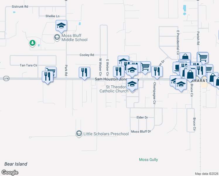 map of restaurants, bars, coffee shops, grocery stores, and more near 160 Gilmore Road in Lake Charles