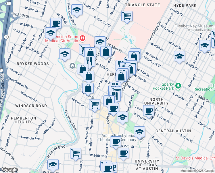 map of restaurants, bars, coffee shops, grocery stores, and more near 705 West 32nd Street in Austin