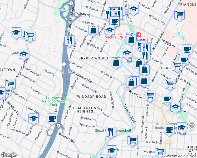 map of restaurants, bars, coffee shops, grocery stores, and more near 1503 Mohle Drive in Austin