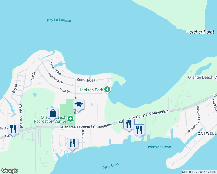map of restaurants, bars, coffee shops, grocery stores, and more near 5112 Bayou Drive in Orange Beach