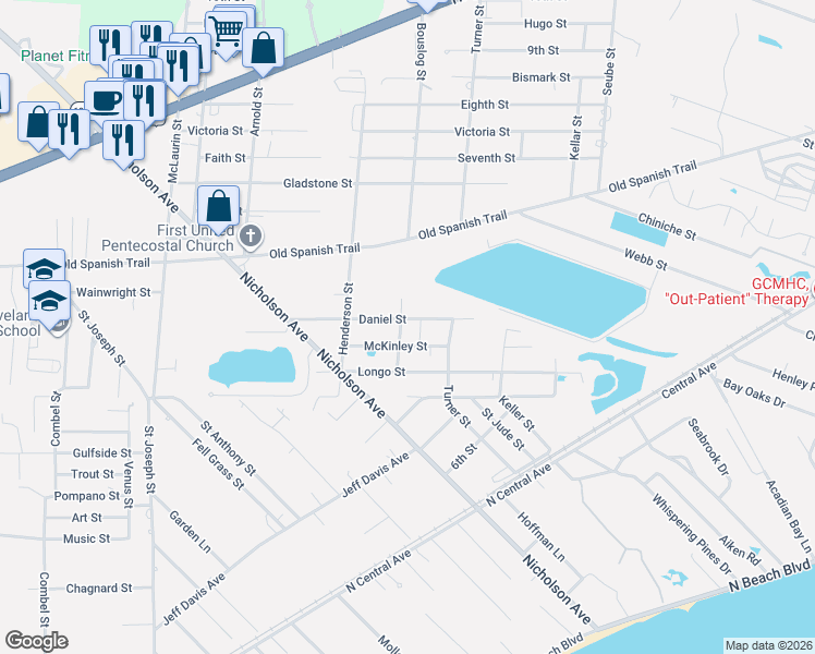 map of restaurants, bars, coffee shops, grocery stores, and more near 919 Daniel Street in Waveland