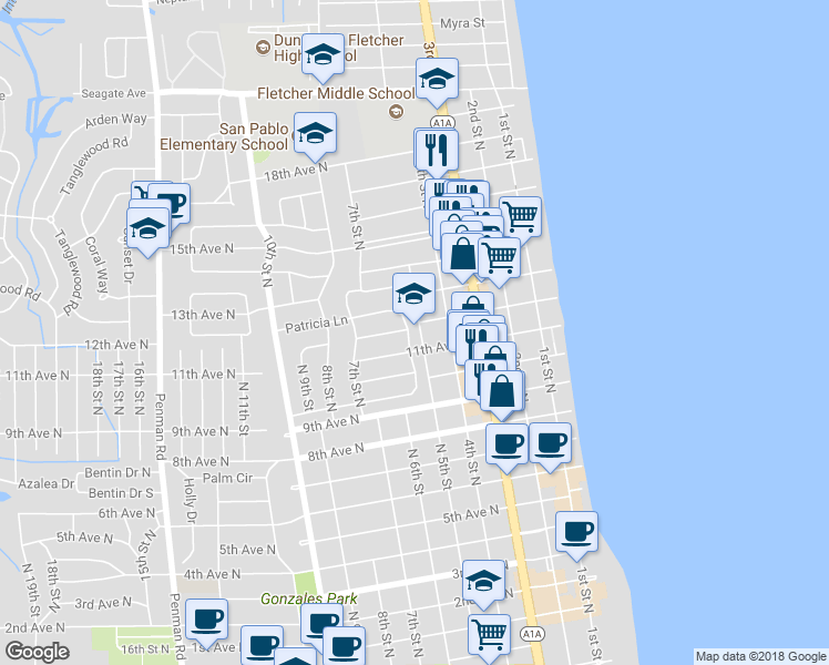map of restaurants, bars, coffee shops, grocery stores, and more near 1150 5th St N in Jacksonville Beach