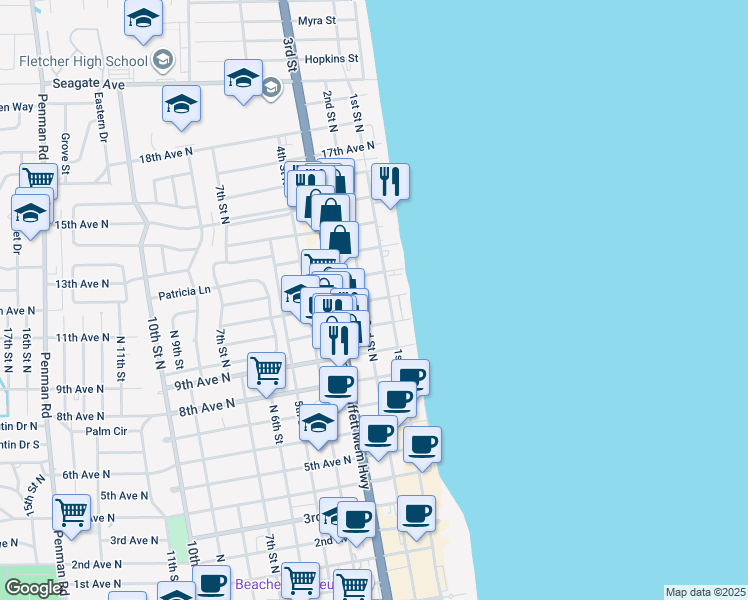 map of restaurants, bars, coffee shops, grocery stores, and more near 144 11th Avenue North in Jacksonville Beach