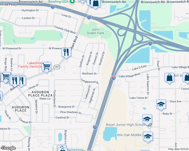 map of restaurants, bars, coffee shops, grocery stores, and more near 141 Stratford Drive in Slidell
