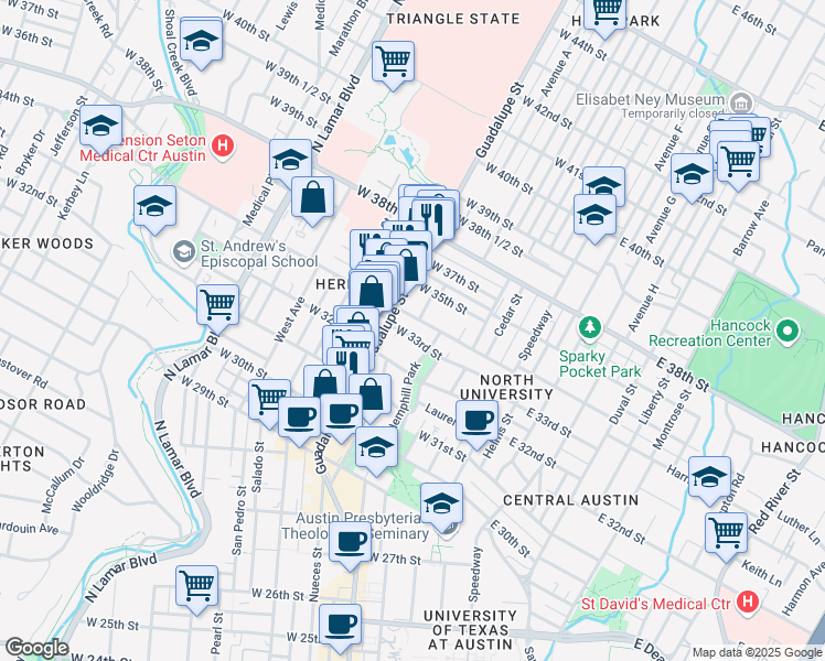 map of restaurants, bars, coffee shops, grocery stores, and more near 408 West 33rd Street in Austin