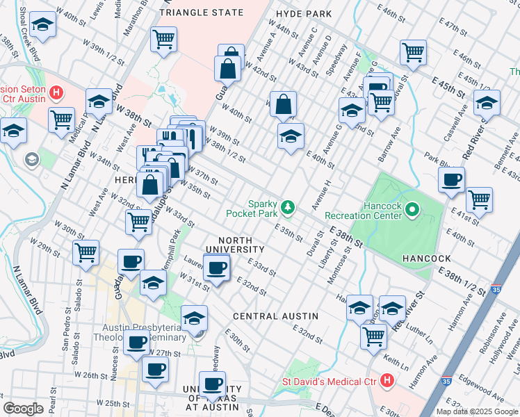 map of restaurants, bars, coffee shops, grocery stores, and more near 3501 Speedway in Austin