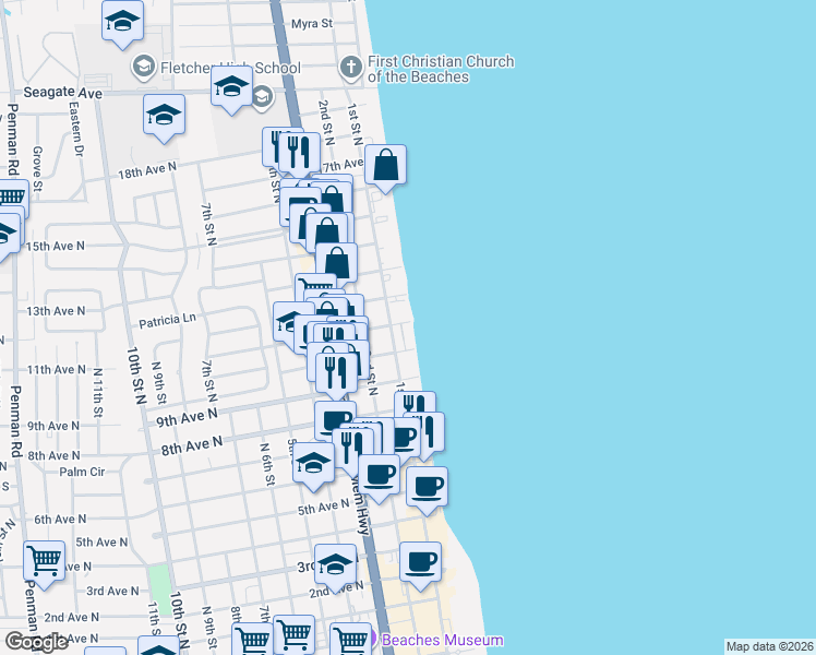 map of restaurants, bars, coffee shops, grocery stores, and more near 1201 1st Street North in Jacksonville Beach