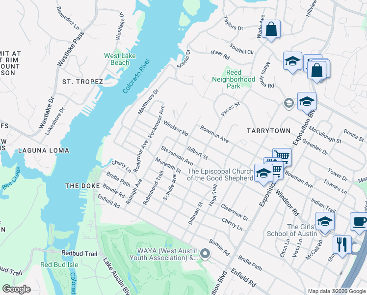 map of restaurants, bars, coffee shops, grocery stores, and more near 2108 Schulle Avenue in Austin