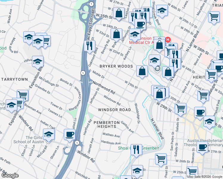 map of restaurants, bars, coffee shops, grocery stores, and more near 1520 Northwood Road in Austin
