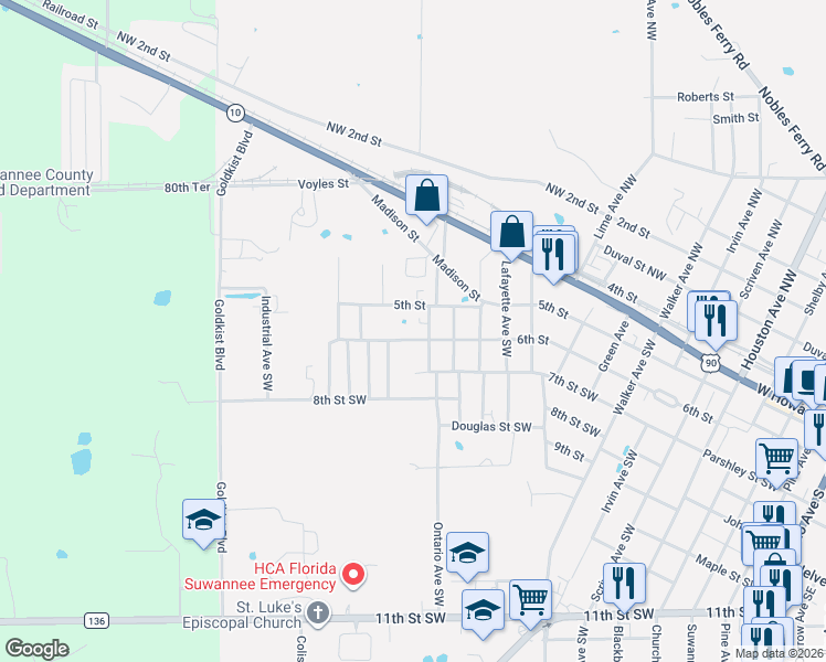 map of restaurants, bars, coffee shops, grocery stores, and more near 210 Horne Avenue Southwest in Live Oak