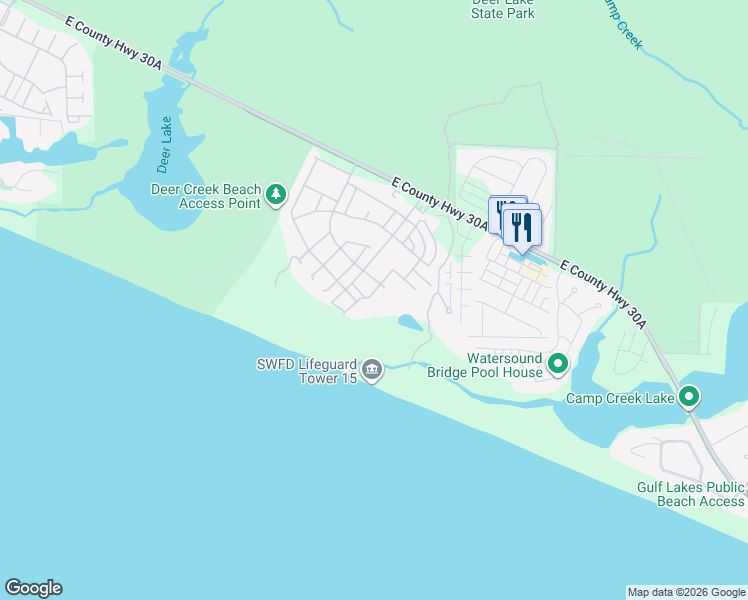map of restaurants, bars, coffee shops, grocery stores, and more near 36 Compass Point Way in Panama City Beach