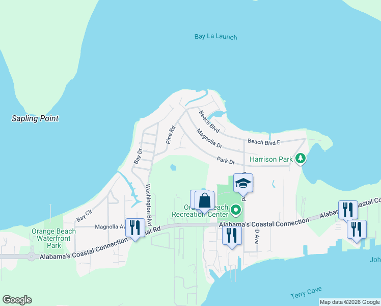 map of restaurants, bars, coffee shops, grocery stores, and more near 27022 Lake Road in Orange Beach