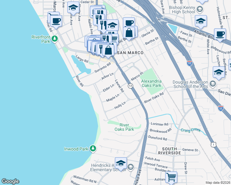 map of restaurants, bars, coffee shops, grocery stores, and more near 1014 Elder Lane in Jacksonville