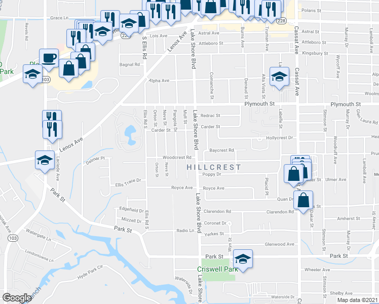 map of restaurants, bars, coffee shops, grocery stores, and more near 1274 Lake Shore Boulevard in Jacksonville