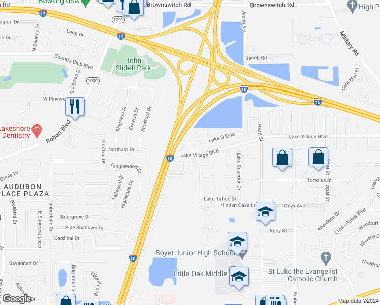 map of restaurants, bars, coffee shops, grocery stores, and more near 107 Lake D Este Drive in Slidell