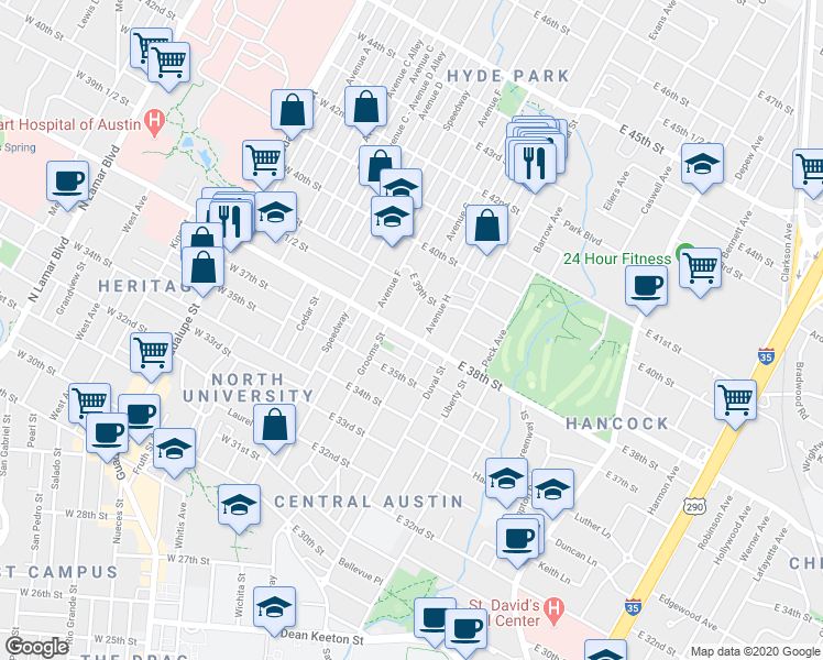 map of restaurants, bars, coffee shops, grocery stores, and more near 3807 Avenue G in Austin