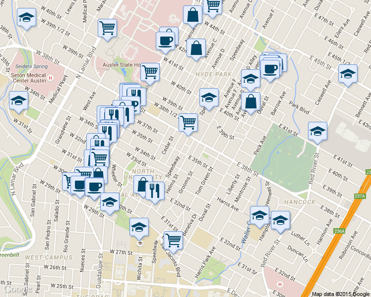 map of restaurants, bars, coffee shops, grocery stores, and more near 3506 Speedway in Austin