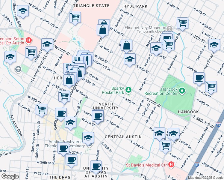 map of restaurants, bars, coffee shops, grocery stores, and more near 3506 Speedway in Austin