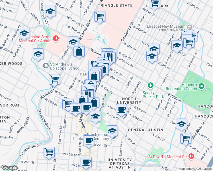 map of restaurants, bars, coffee shops, grocery stores, and more near 408 West 34th Street in Austin