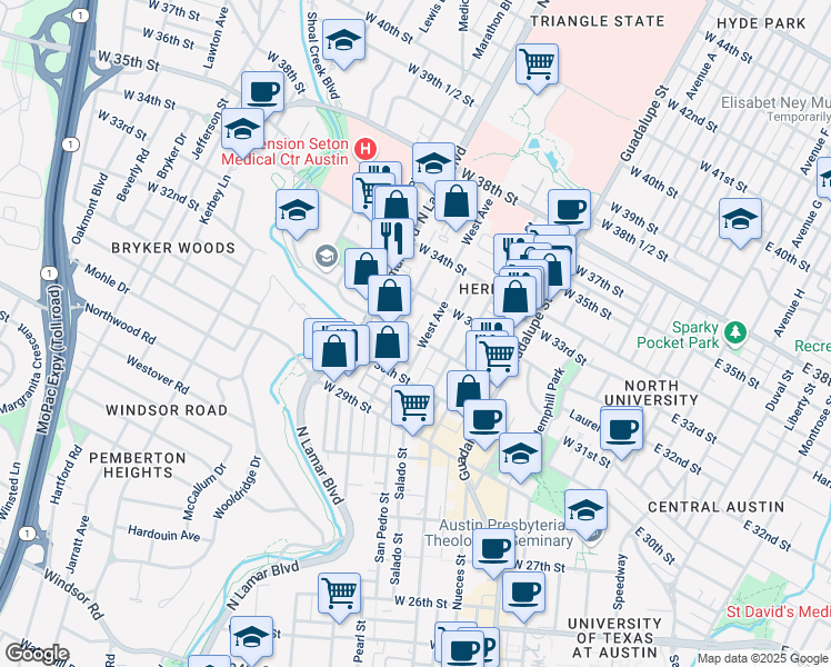 map of restaurants, bars, coffee shops, grocery stores, and more near 3108 West Avenue in Austin