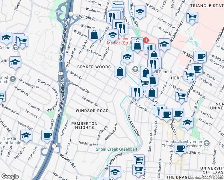 map of restaurants, bars, coffee shops, grocery stores, and more near 2817 Harris Boulevard in Austin