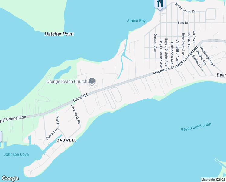 map of restaurants, bars, coffee shops, grocery stores, and more near 28924 Canal Rd in Orange Beach