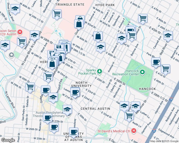 map of restaurants, bars, coffee shops, grocery stores, and more near 3506 Speedway in Austin
