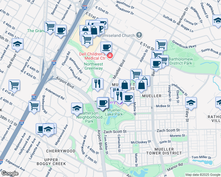 map of restaurants, bars, coffee shops, grocery stores, and more near 4655 Mueller Boulevard in Austin