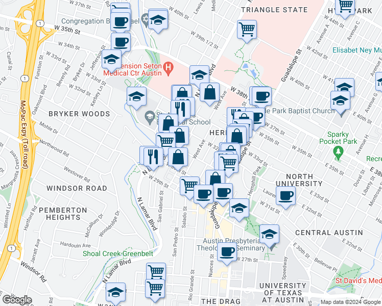 map of restaurants, bars, coffee shops, grocery stores, and more near 3108 West Avenue in Austin