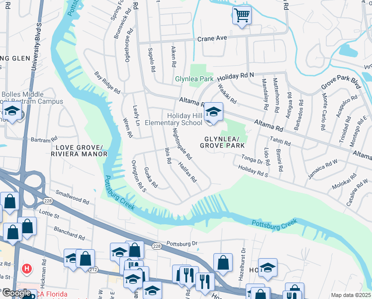 map of restaurants, bars, coffee shops, grocery stores, and more near 1025 Nightingale Road in Jacksonville