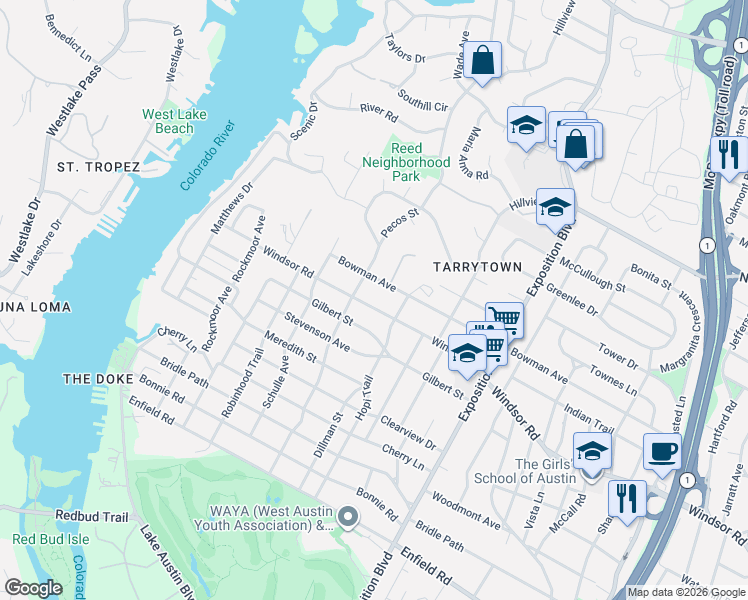 map of restaurants, bars, coffee shops, grocery stores, and more near 3406 Windsor Road in Austin