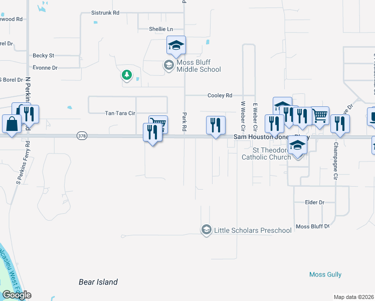 map of restaurants, bars, coffee shops, grocery stores, and more near 125 Thelma Ln in Lake Charles