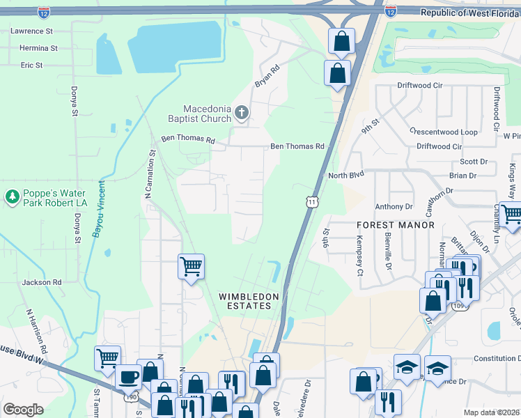 map of restaurants, bars, coffee shops, grocery stores, and more near 60027 Javery Road in Slidell