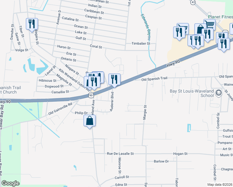 map of restaurants, bars, coffee shops, grocery stores, and more near 132 Auderer Boulevard in Waveland