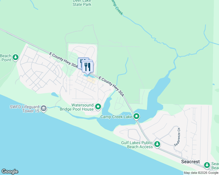 map of restaurants, bars, coffee shops, grocery stores, and more near 63 Creek Bridge Lane in Santa Rosa Beach