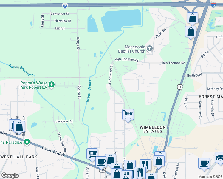 map of restaurants, bars, coffee shops, grocery stores, and more near 101 North Magnolia Street in Slidell
