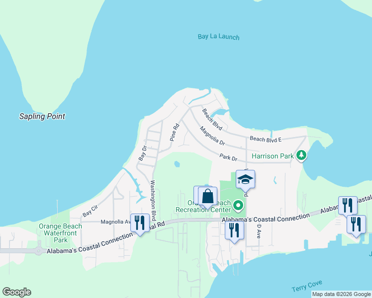 map of restaurants, bars, coffee shops, grocery stores, and more near 27022 Lake Road in Orange Beach