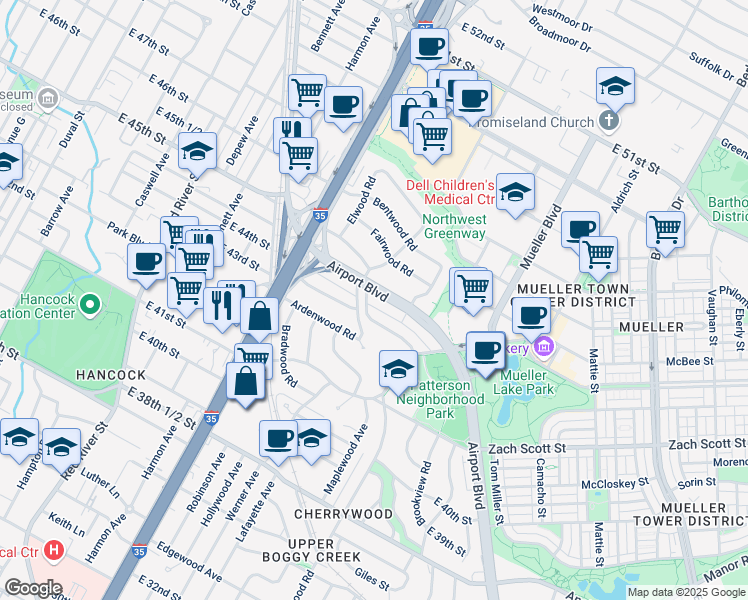 map of restaurants, bars, coffee shops, grocery stores, and more near 4330 Parkwood Road in Austin