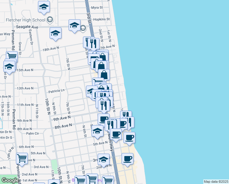 map of restaurants, bars, coffee shops, grocery stores, and more near 1218 2nd Street North in Jacksonville Beach