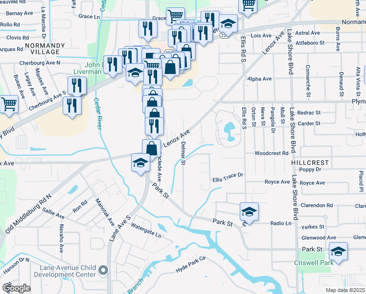 map of restaurants, bars, coffee shops, grocery stores, and more near 5850 Lenox Avenue in Jacksonville