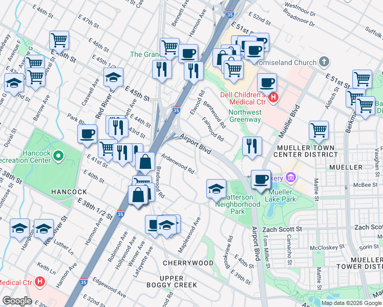 map of restaurants, bars, coffee shops, grocery stores, and more near 4330 Parkwood Road in Austin