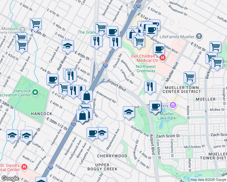 map of restaurants, bars, coffee shops, grocery stores, and more near 4330 Parkwood Road in Austin