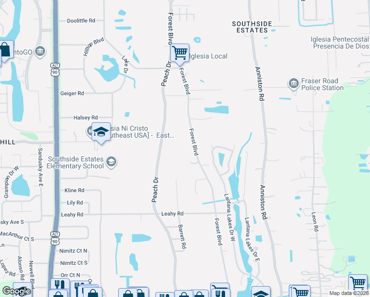 map of restaurants, bars, coffee shops, grocery stores, and more near 2512 Forest Boulevard in Jacksonville