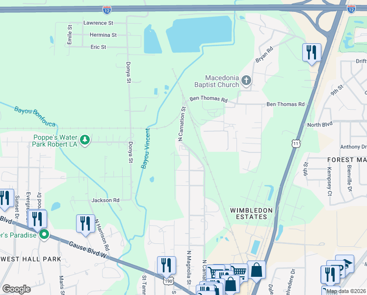 map of restaurants, bars, coffee shops, grocery stores, and more near 101 North Magnolia Street in Slidell