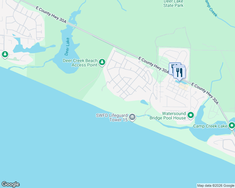 map of restaurants, bars, coffee shops, grocery stores, and more near 97 South Founders Lane in Panama City Beach