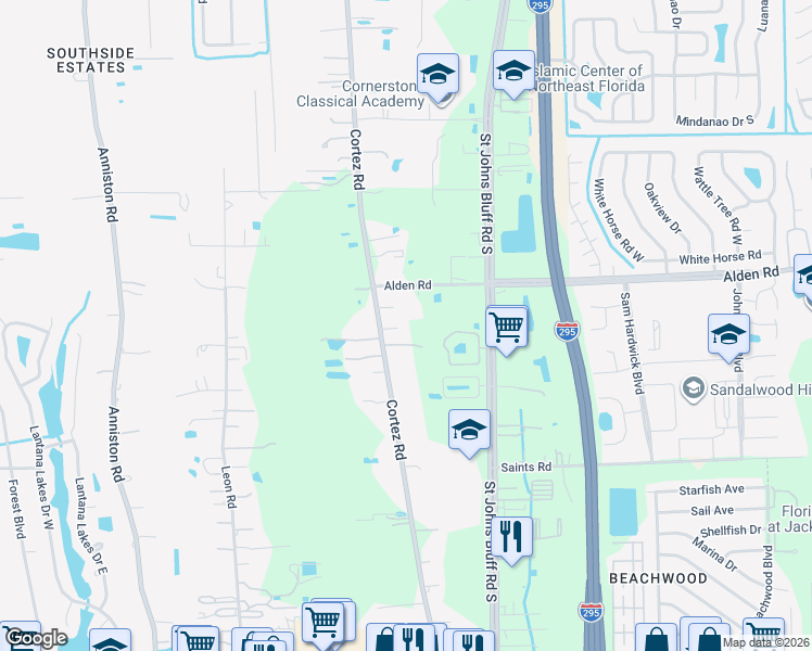 map of restaurants, bars, coffee shops, grocery stores, and more near 2649 Cortez Road in Jacksonville